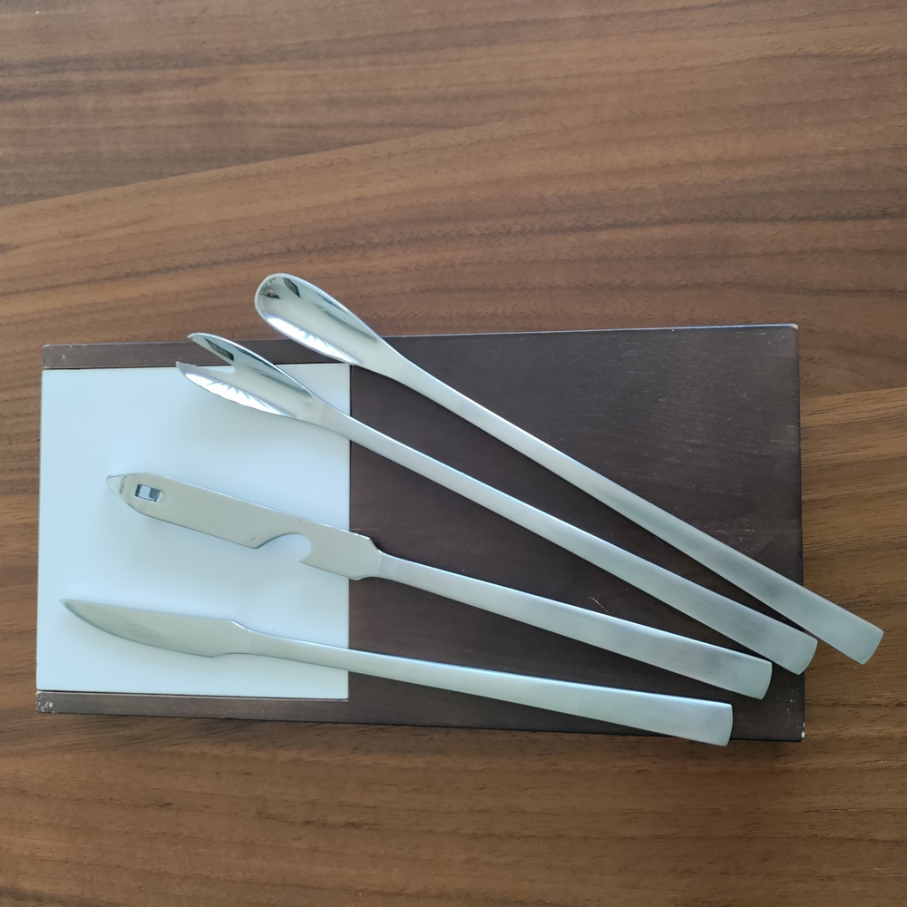 Vintage Bar Set 5 Pieces Stainless Steel w/ Wood Board Cutter Japan MCM